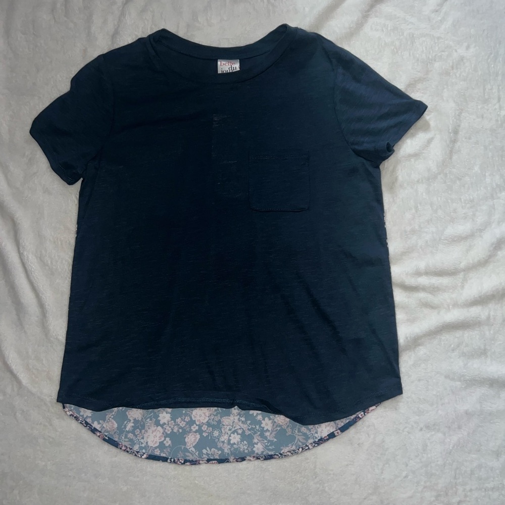 Belle Du Jour Navy Top with Floral Hem